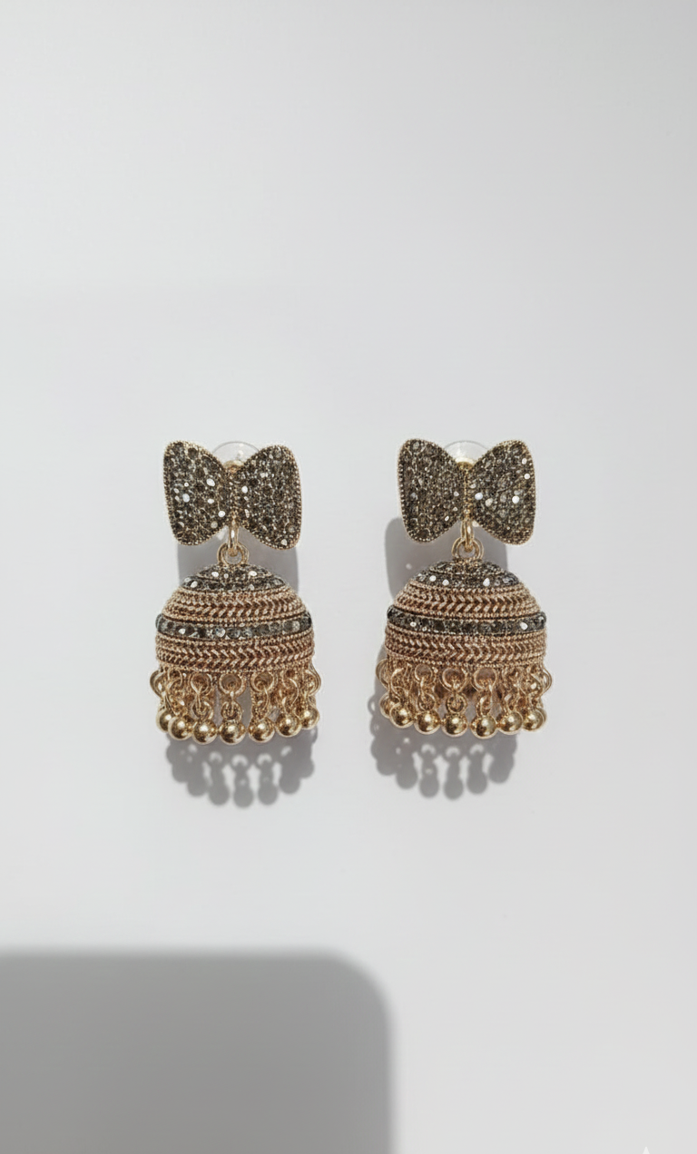 Premium Oxidised Silver Bow-Tie Jhumka Earrings – Heavy Stainless Steel Ethnic Statement Piece