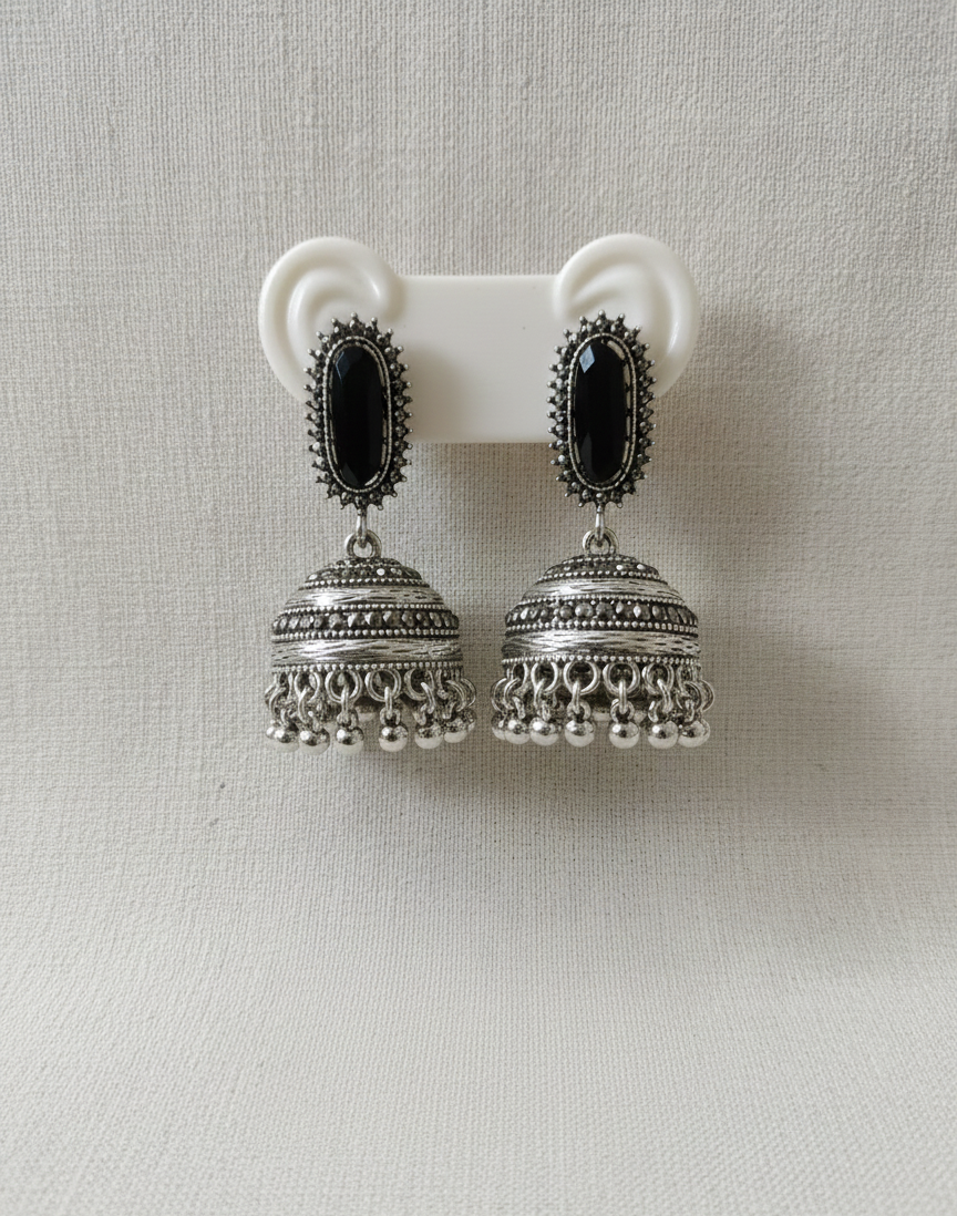 Royal Antique Gold-Plated Stainless Steel Jhumka Earrings with Onyx Black Accents