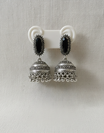 Royal Antique Gold-Plated Stainless Steel Jhumka Earrings with Onyx Black Accents