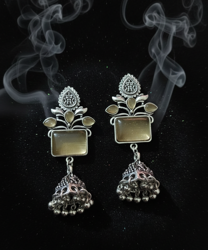 Oxidized Silver Emerald-Green Rectangular Stone Jhumka Earrings