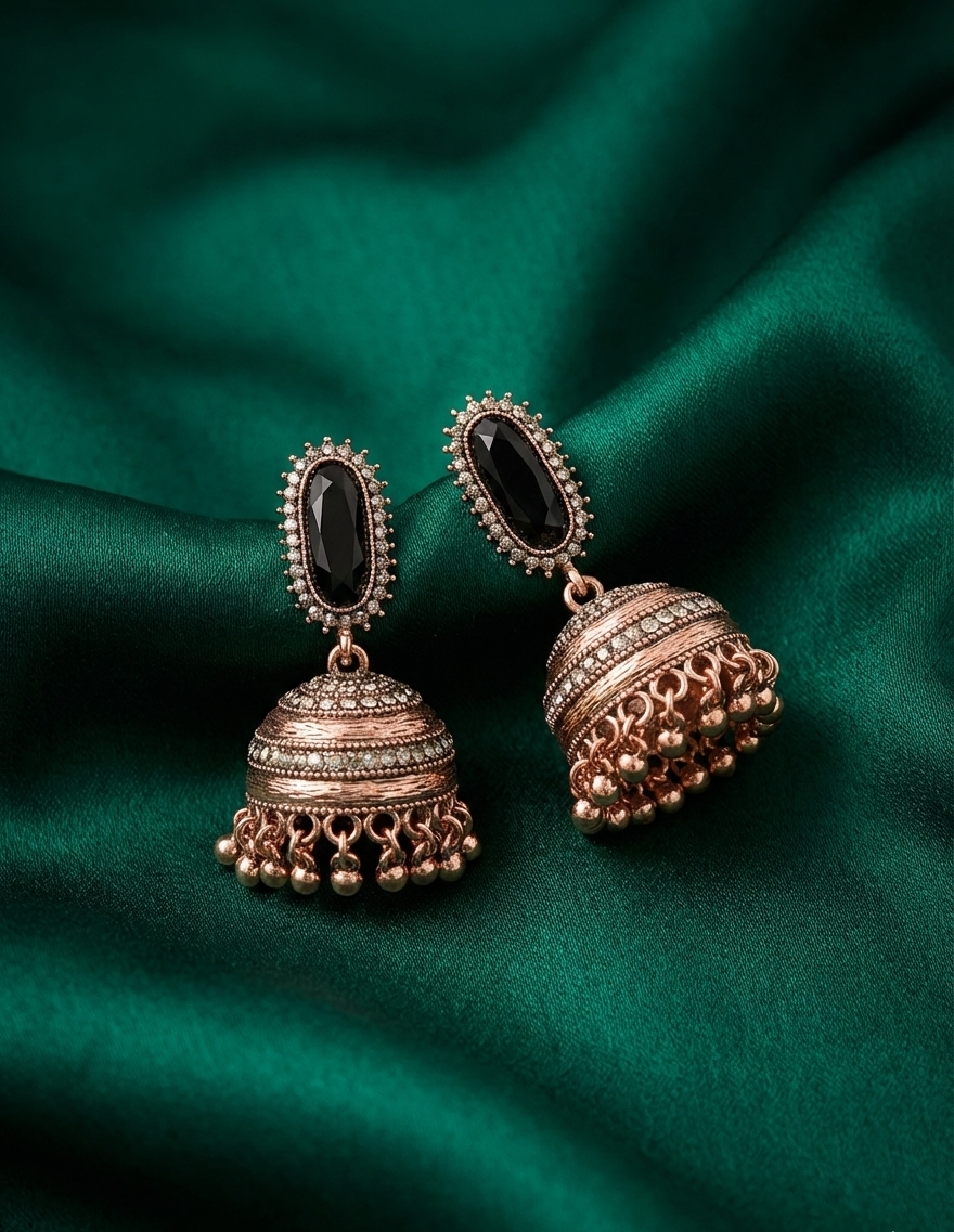 Royal Antique Gold-Plated Stainless Steel Jhumka Earrings with Onyx Black Accents