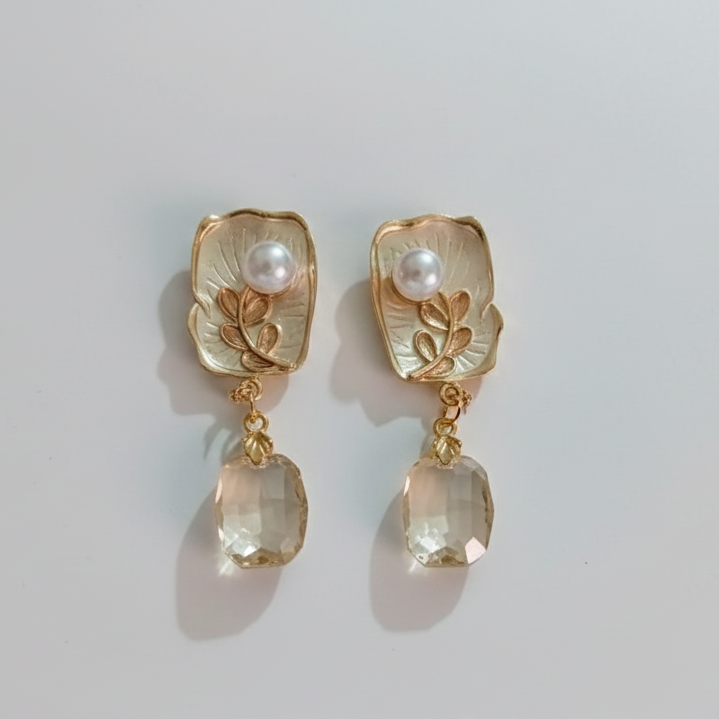 Ethereal Gilded Leaf & Crystal Drop Earrings