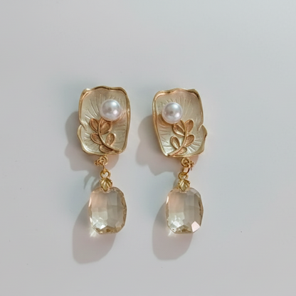 Ethereal Gilded Leaf & Crystal Drop Earrings