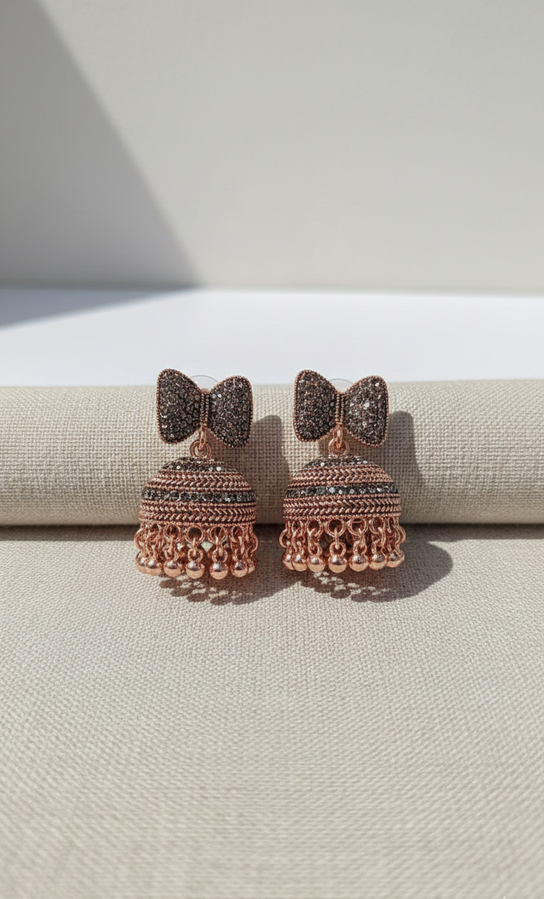 Premium Oxidised Silver Bow-Tie Jhumka Earrings – Heavy Stainless Steel Ethnic Statement Piece