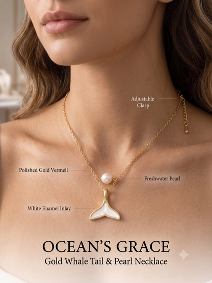 Gold Mermaid Tail & Pearl Pendant Necklace