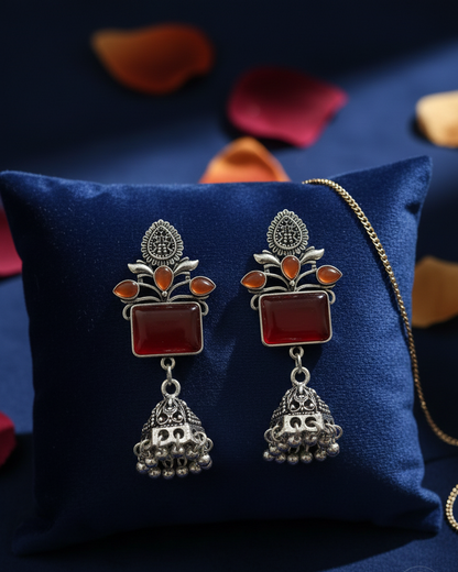 Oxidized Silver Emerald-Green Rectangular Stone Jhumka Earrings