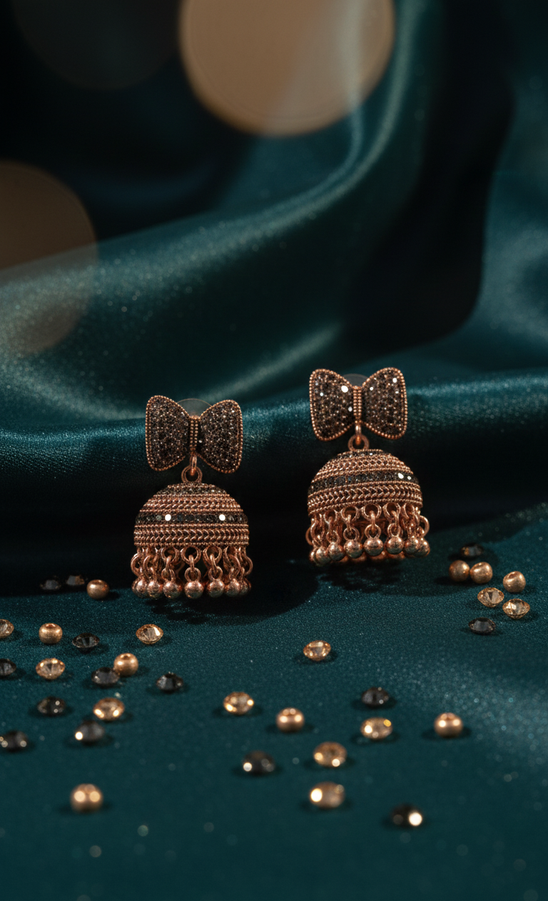 Premium Oxidised Silver Bow-Tie Jhumka Earrings – Heavy Stainless Steel Ethnic Statement Piece