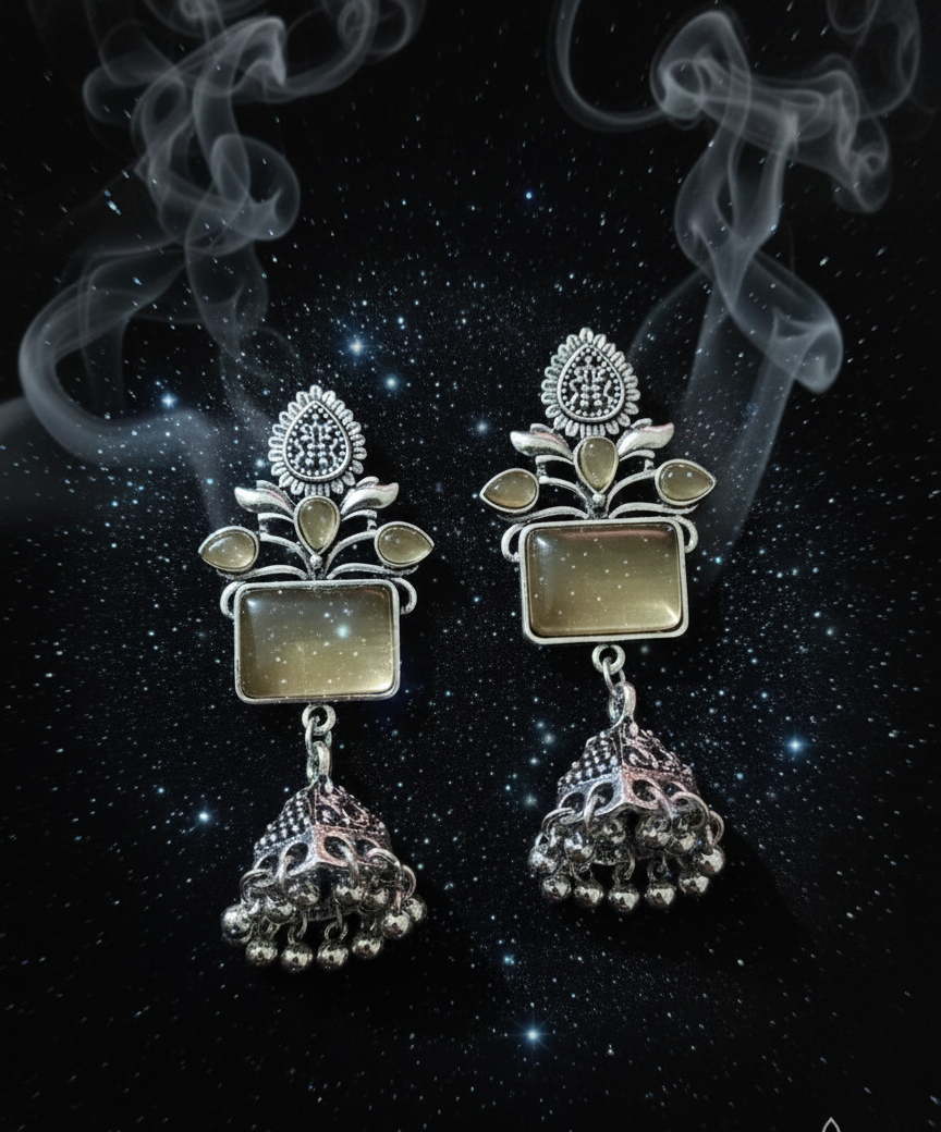 Oxidized Silver Emerald-Green Rectangular Stone Jhumka Earrings