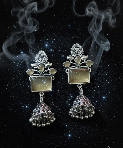 Oxidized Silver Emerald-Green Rectangular Stone Jhumka Earrings