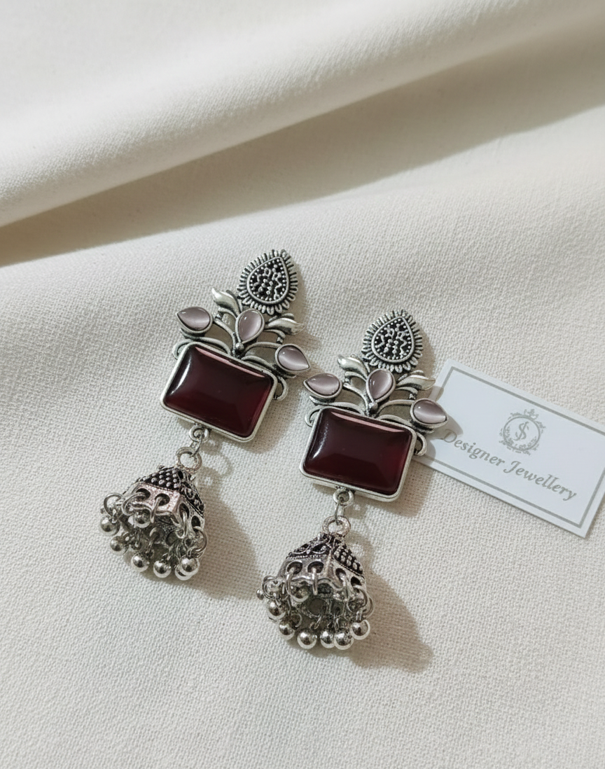 Oxidized Silver Emerald-Green Rectangular Stone Jhumka Earrings