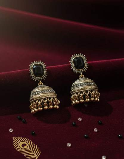 Majestic Royal Black Stone Antique Gold Jhumka Earrings