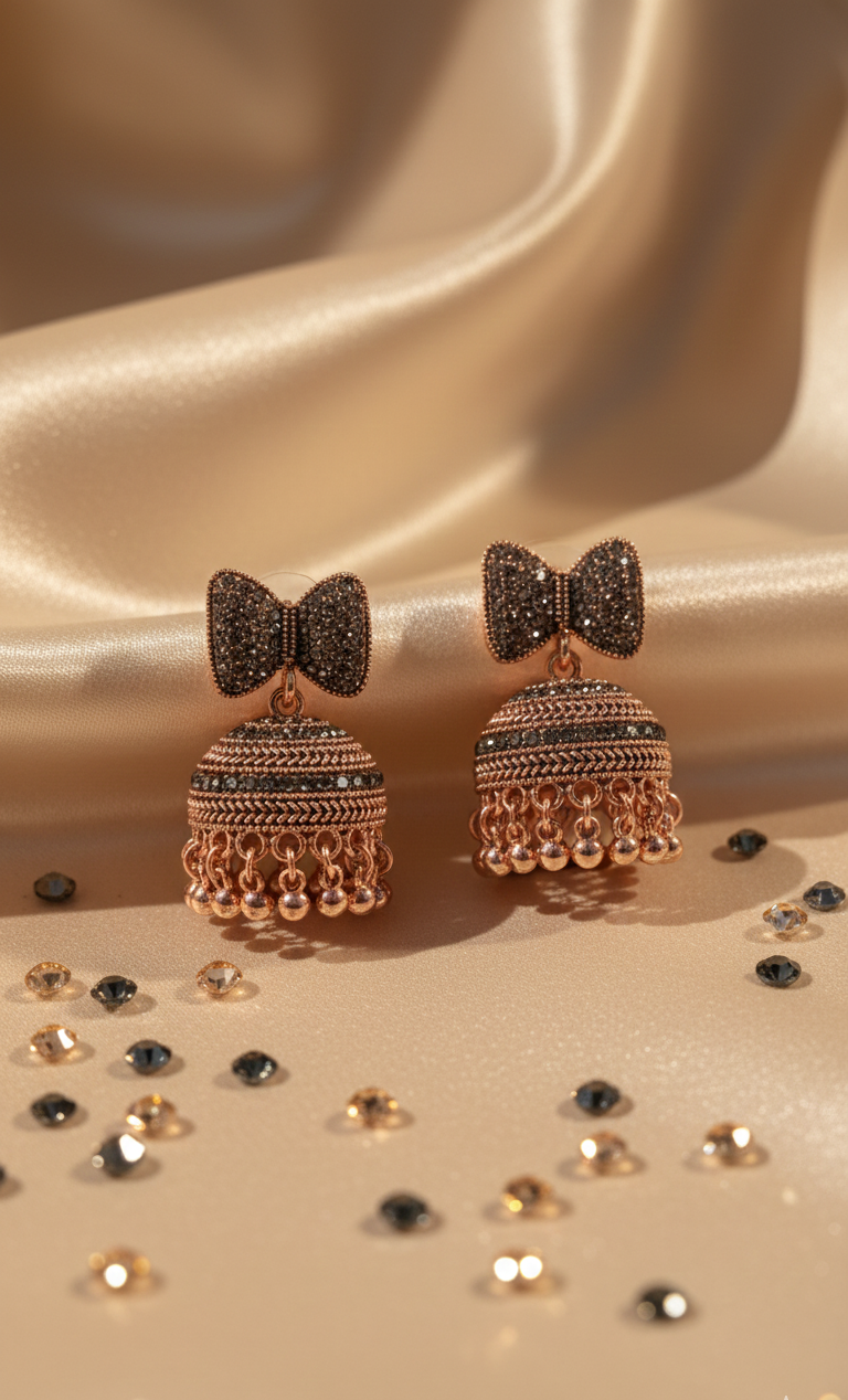 Premium Oxidised Silver Bow-Tie Jhumka Earrings – Heavy Stainless Steel Ethnic Statement Piece