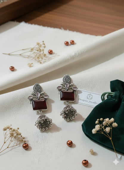 Oxidized Silver Emerald-Green Rectangular Stone Jhumka Earrings