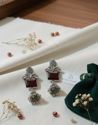 Oxidized Silver Emerald-Green Rectangular Stone Jhumka Earrings