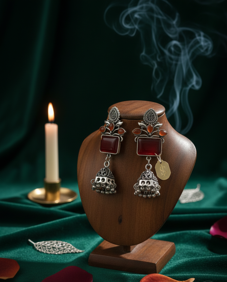 Oxidized Silver Emerald-Green Rectangular Stone Jhumka Earrings