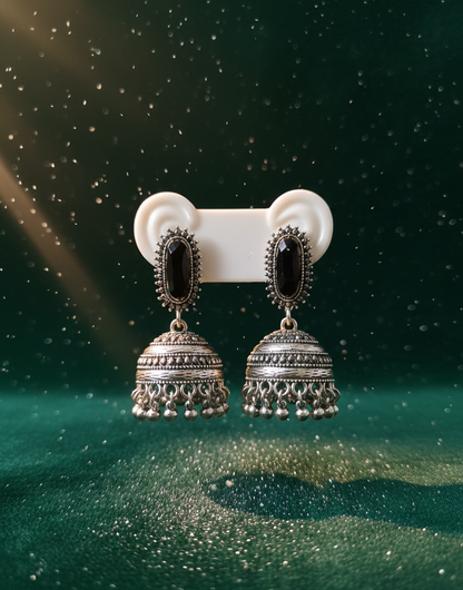 Royal Antique Gold-Plated Stainless Steel Jhumka Earrings with Onyx Black Accents
