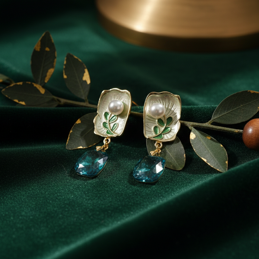 Ethereal Gilded Leaf & Crystal Drop Earrings
