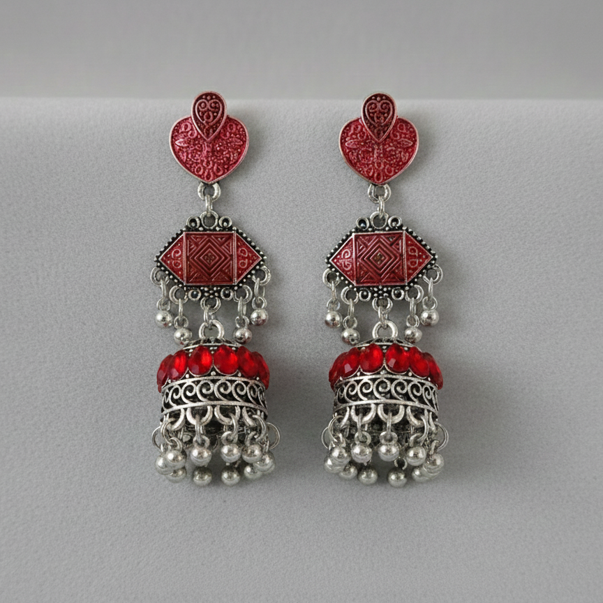 Oxidized Silver Traditional Jhumka Earrings with Emerald Green Enamel & Crystal Accents