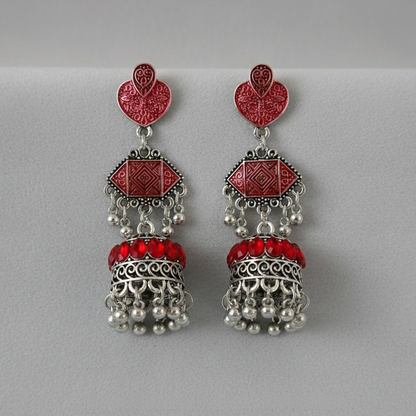 Oxidized Silver Traditional Jhumka Earrings with Emerald Green Enamel & Crystal Accents