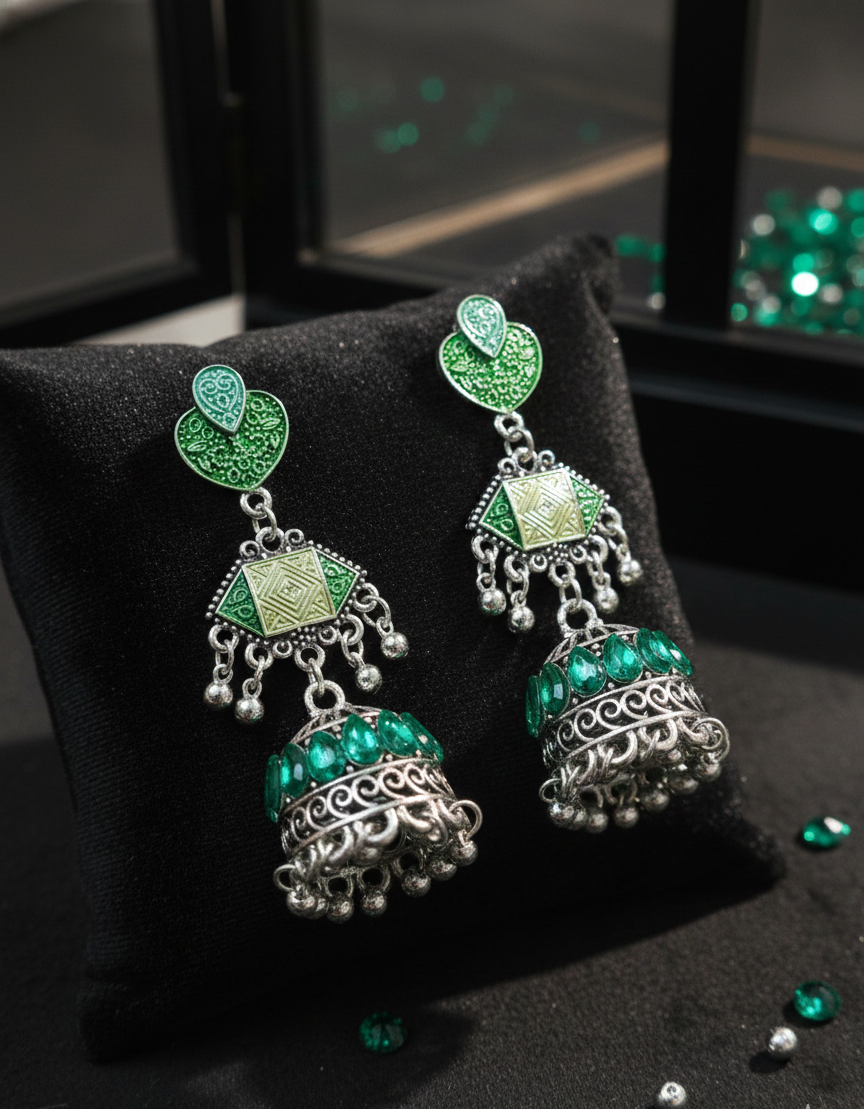 Oxidized Silver Traditional Jhumka Earrings with Emerald Green Enamel & Crystal Accents