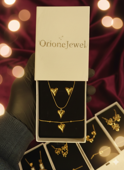 Golden Heartbeat Stainless Steel Full Jewelry Set  Necklace Bracelet & Earrings