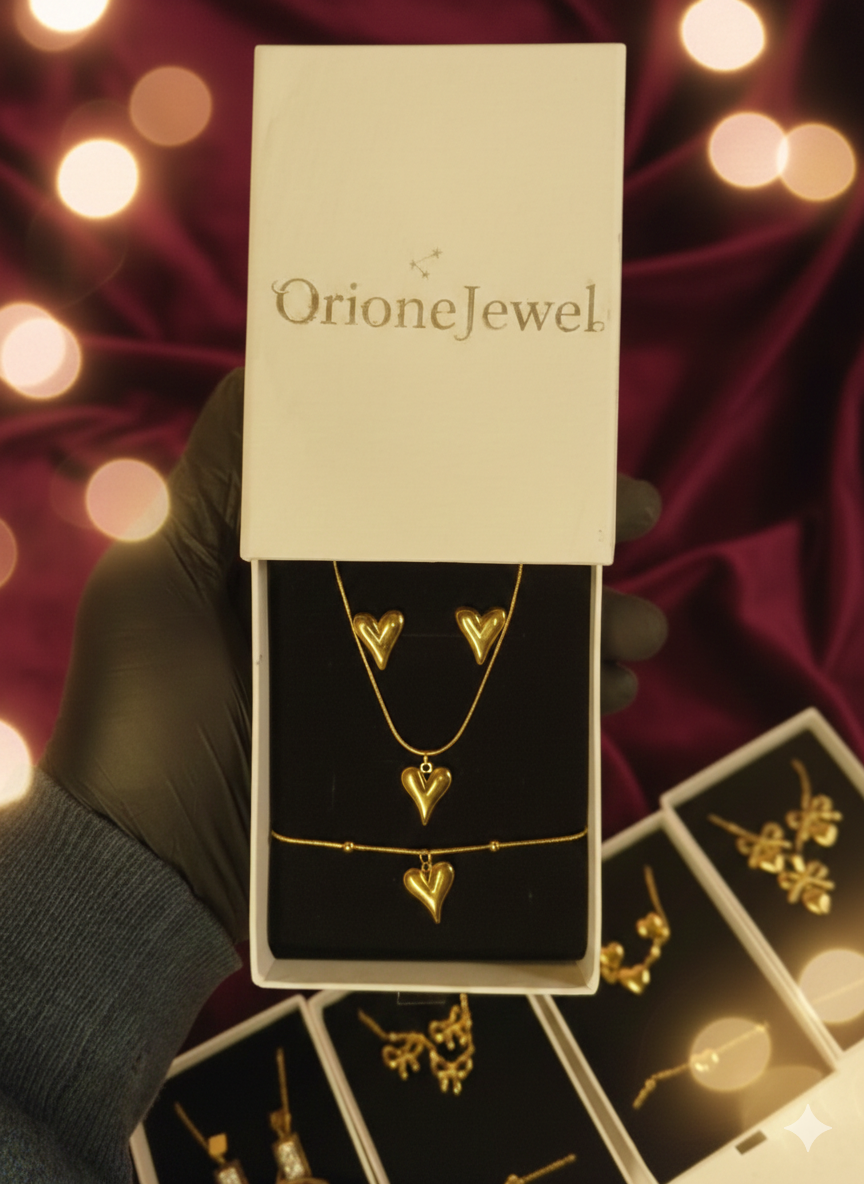 Golden Heartbeat Stainless Steel Full Jewelry Set  Necklace Bracelet & Earrings