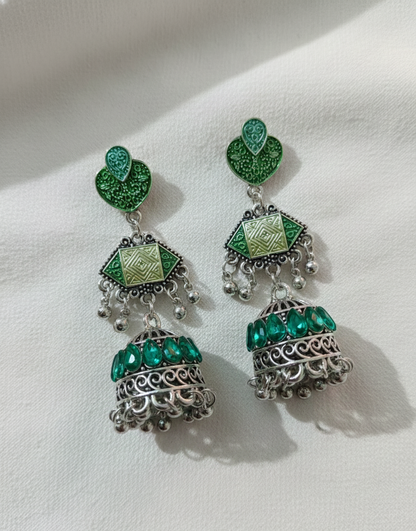 Oxidized Silver Traditional Jhumka Earrings with Emerald Green Enamel & Crystal Accents