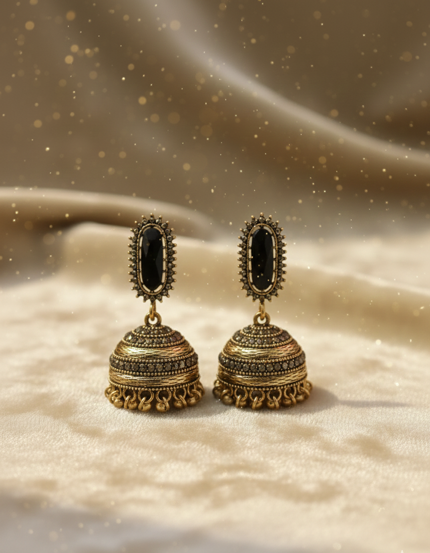 Royal Antique Gold-Plated Stainless Steel Jhumka Earrings with Onyx Black Accents