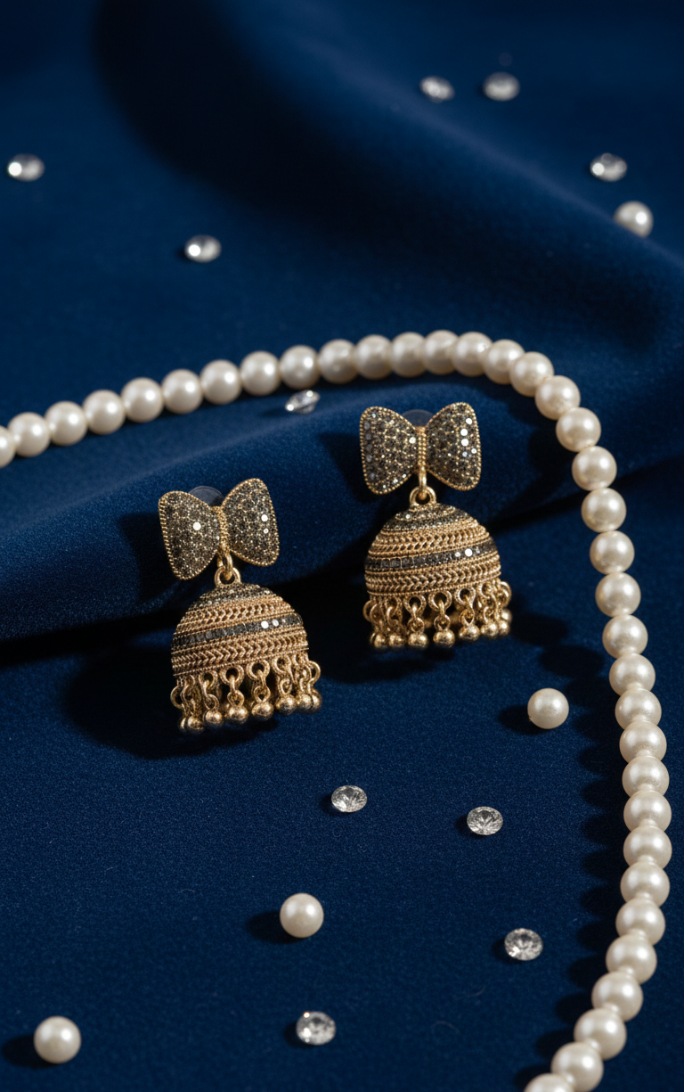 Premium Oxidised Silver Bow-Tie Jhumka Earrings – Heavy Stainless Steel Ethnic Statement Piece