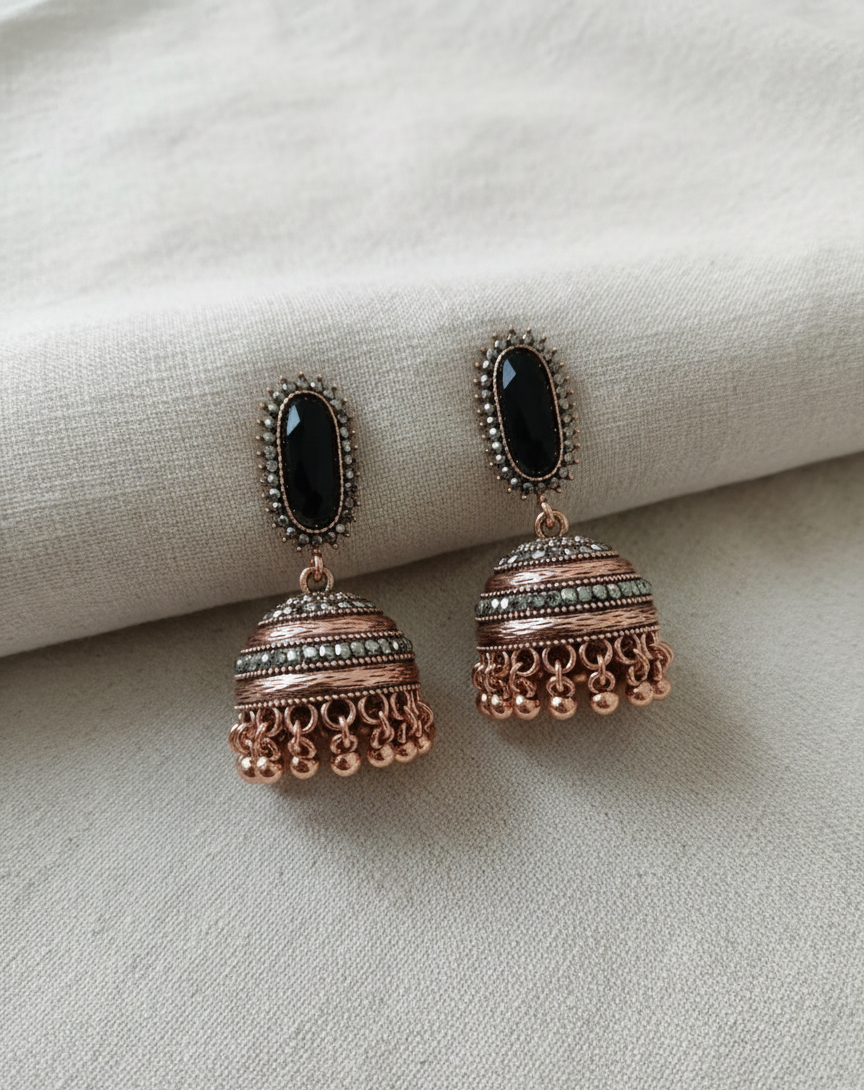 Royal Antique Gold-Plated Stainless Steel Jhumka Earrings with Onyx Black Accents