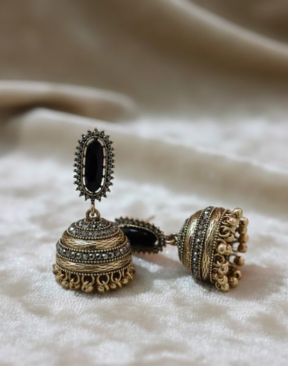 Royal Antique Gold-Plated Stainless Steel Jhumka Earrings with Onyx Black Accents