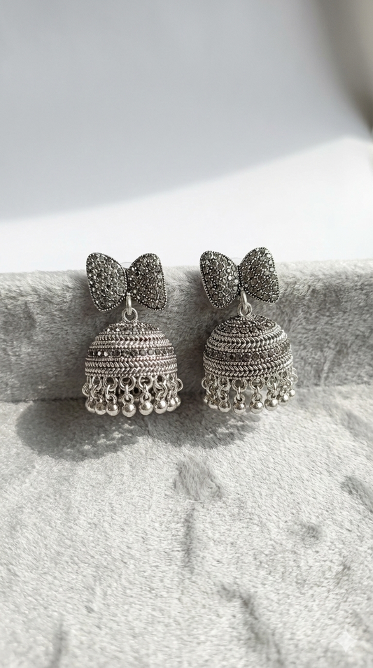 Premium Oxidised Silver Bow-Tie Jhumka Earrings – Heavy Stainless Steel Ethnic Statement Piece