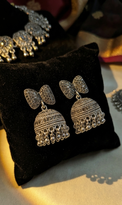 Premium Oxidised Silver Bow-Tie Jhumka Earrings – Heavy Stainless Steel Ethnic Statement Piece