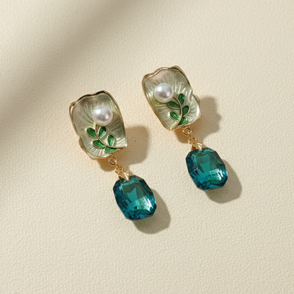 Ethereal Gilded Leaf & Crystal Drop Earrings