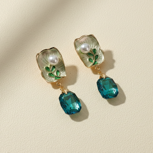 Ethereal Gilded Leaf & Crystal Drop Earrings