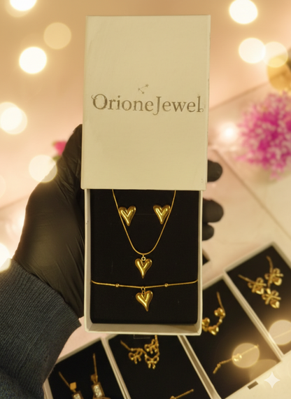 Golden Heartbeat Stainless Steel Full Jewelry Set  Necklace Bracelet & Earrings