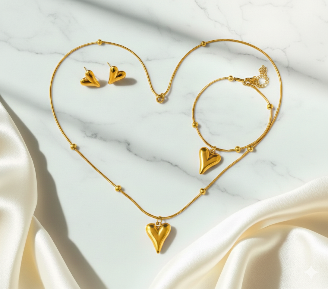 Golden Heartbeat Stainless Steel Full Jewelry Set  Necklace Bracelet & Earrings