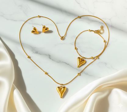 Golden Heartbeat Stainless Steel Full Jewelry Set  Necklace Bracelet & Earrings