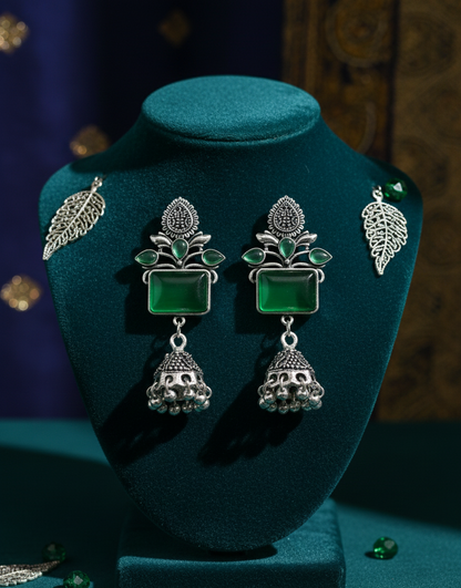 Oxidized Silver Emerald-Green Rectangular Stone Jhumka Earrings