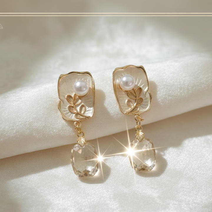 Ethereal Gilded Leaf & Crystal Drop Earrings