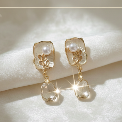Ethereal Gilded Leaf & Crystal Drop Earrings