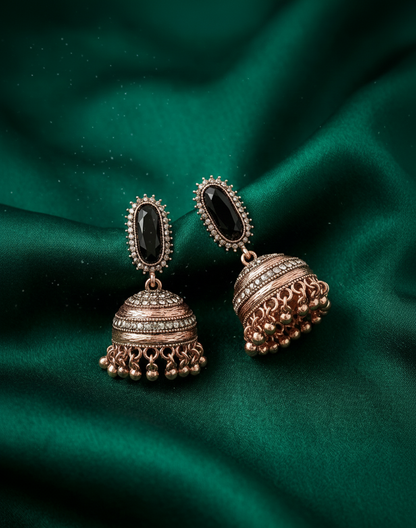 Royal Antique Gold-Plated Stainless Steel Jhumka Earrings with Onyx Black Accents