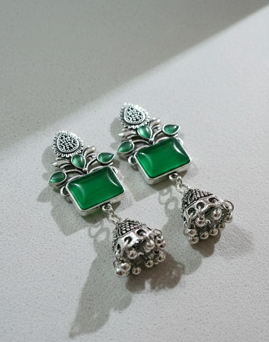 Oxidized Silver Emerald-Green Rectangular Stone Jhumka Earrings