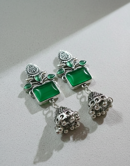 Oxidized Silver Emerald-Green Rectangular Stone Jhumka Earrings