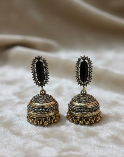 Royal Antique Gold-Plated Stainless Steel Jhumka Earrings with Onyx Black Accents