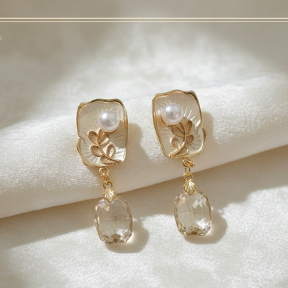Ethereal Gilded Leaf & Crystal Drop Earrings