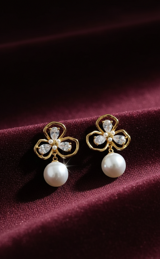 Gold-Plated Clover Drop Earrings with Faux Pearl & Cubic Zirconia