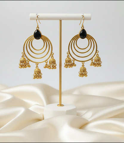 Gold Tone Multi-Hoop Jhumka Drop Earrings with Black Stone