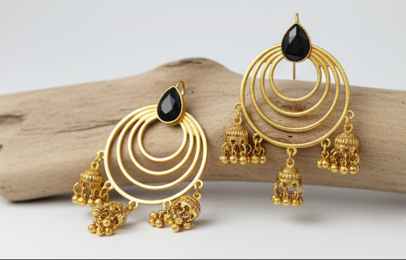 Gold Tone Multi-Hoop Jhumka Drop Earrings with Black Stone