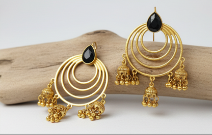 Gold Tone Multi-Hoop Jhumka Drop Earrings with Black Stone